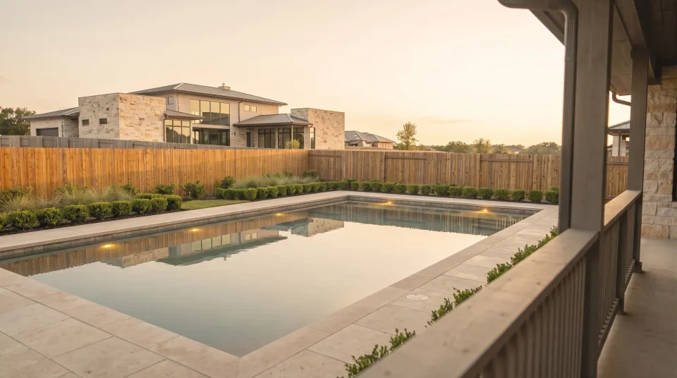 Stillwater studio showpiece with a completed pool and outdoor living space at dusk.