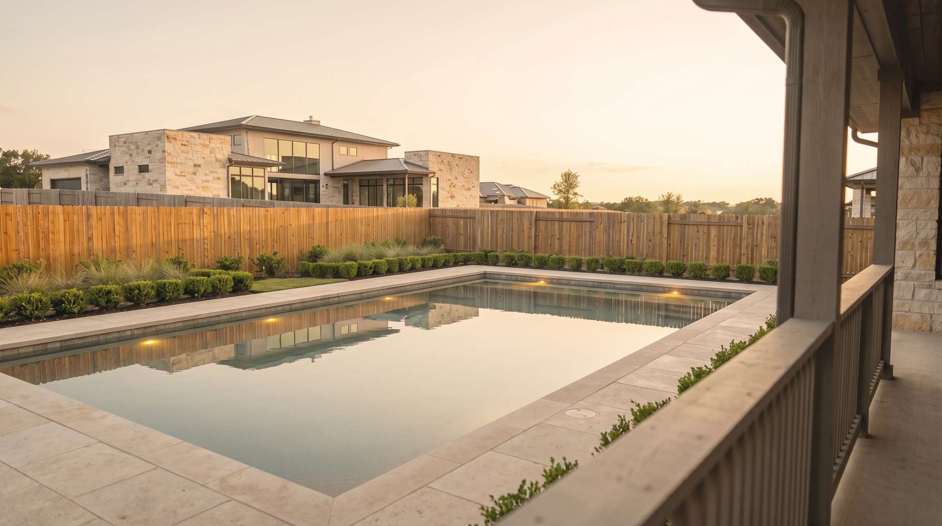 A patchy Texas backyard transformed into a completed limestone pool at dusk, water glass-still