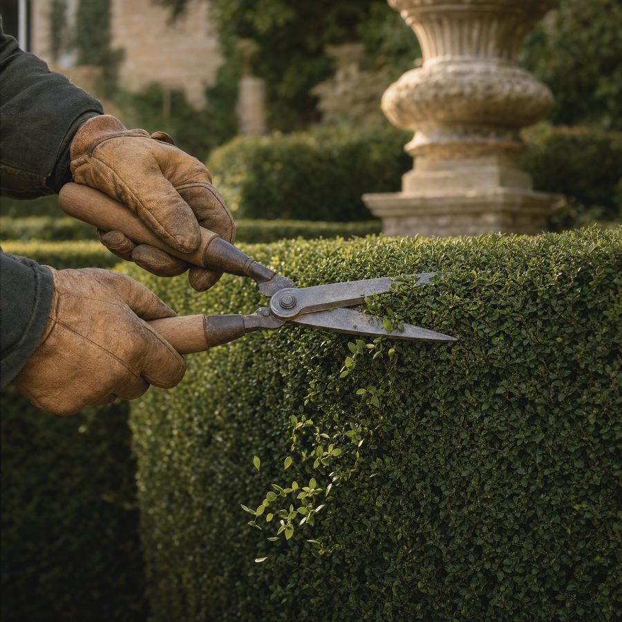 Boxwood being hand-clipped with steel shears