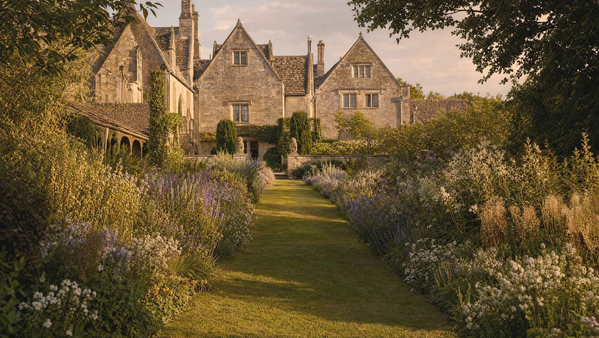 Cotswolds walled garden with lavender, yew, stone path, and evening light