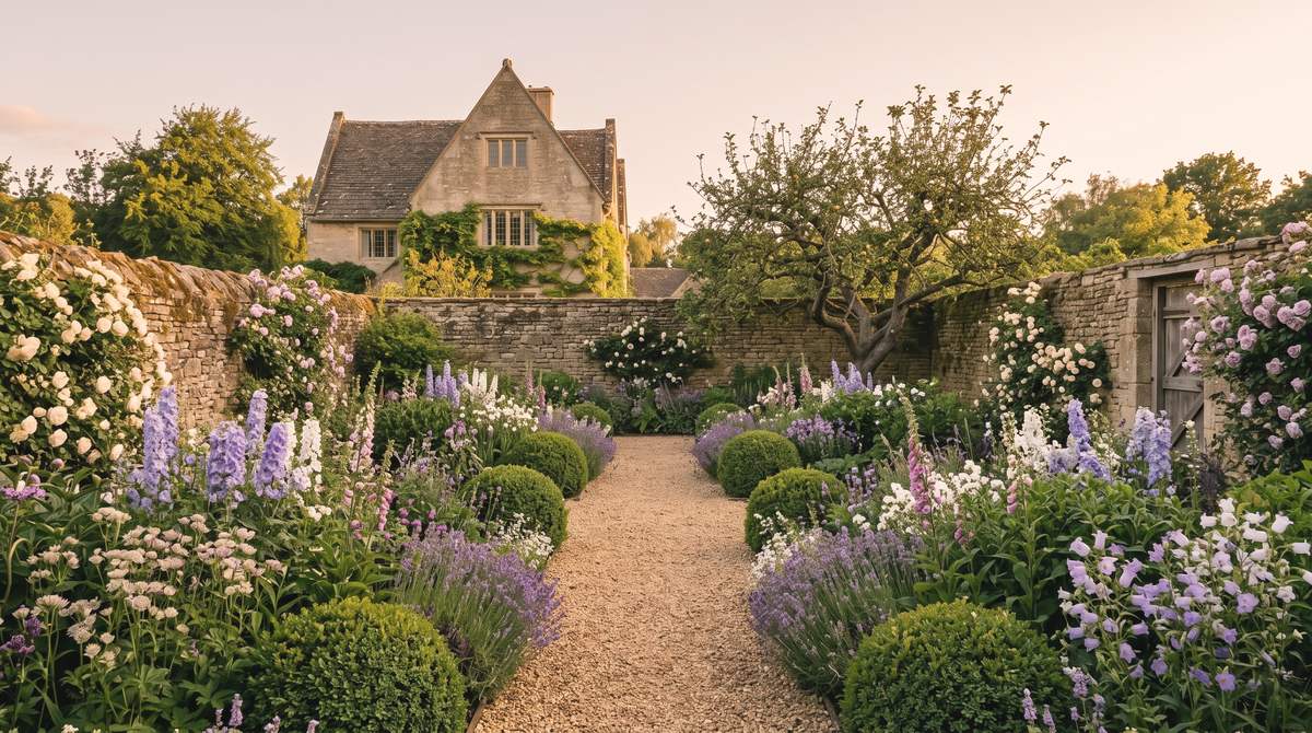 A walled Cotswold garden in full bloom at golden evening