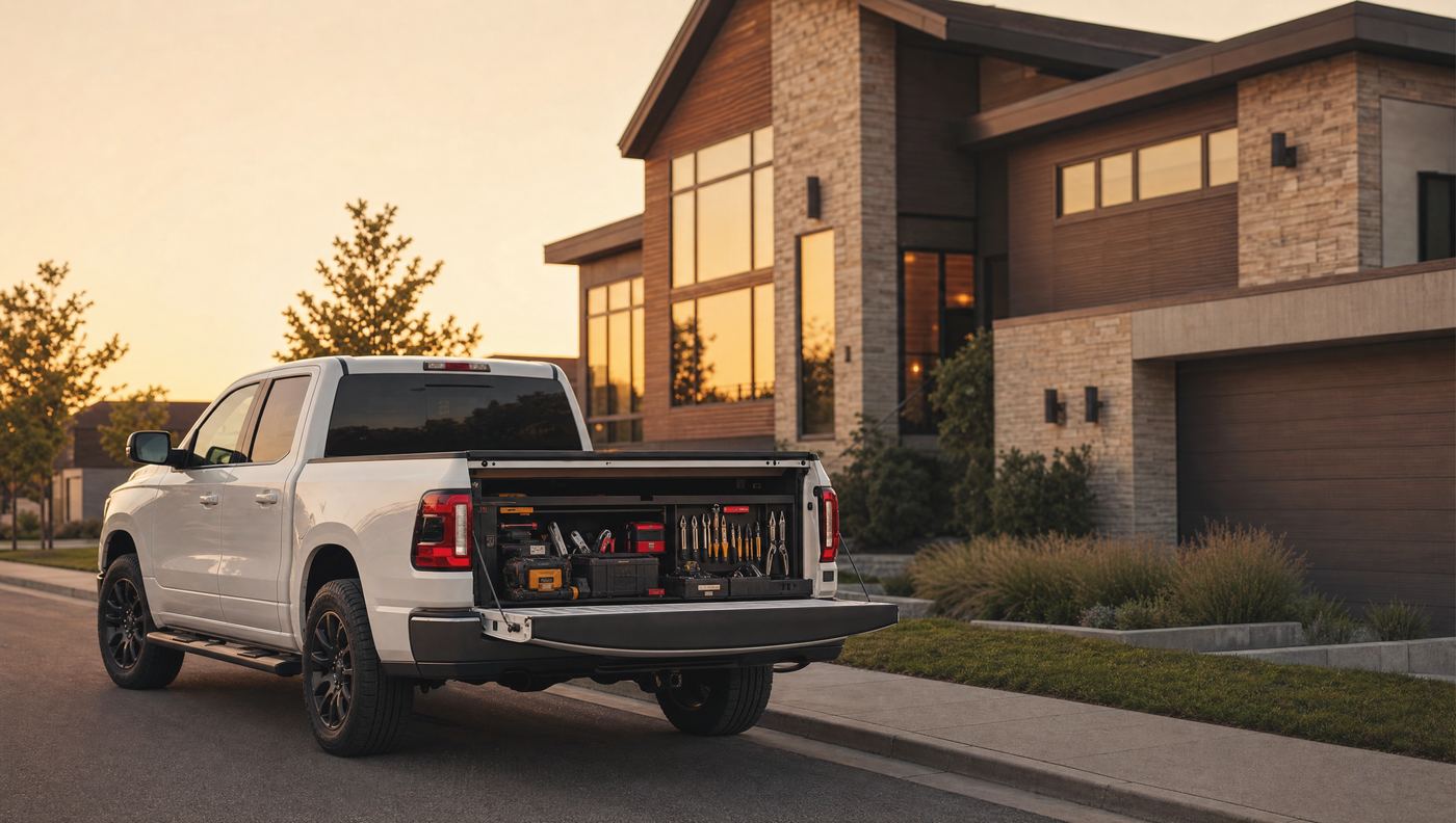 A builder's truck, tools packed neatly, outside a finished home at golden hour